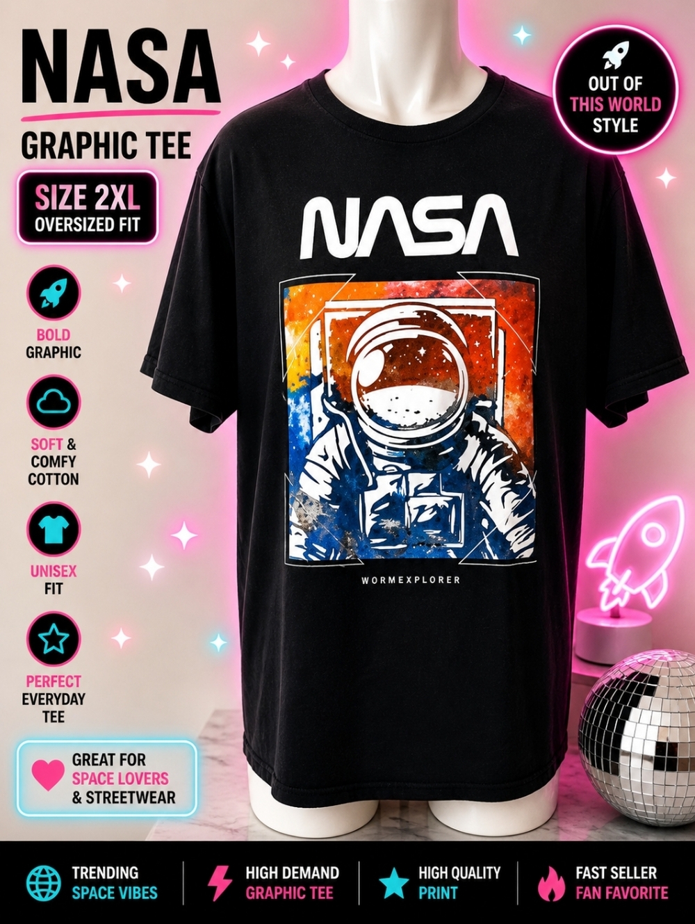 NASA‎ Astronaut Graphic Tee Black 2XL Space Shirt Streetwear Unisex